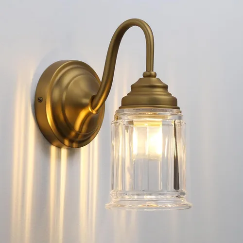 PERMO Aplique de pared vintage con pantalla de vidrio transparente en forma de campana, aplique de baño dorado antiguo, luz de montaje en pared para