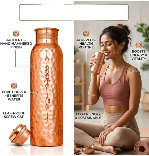 Miniatura 2 de Botella de agua ayurvédica de cobre de 34 onzas, hecha a mano, 100% cobre puro, botella martillada para beber a prueba de fugas y recipiente de agua