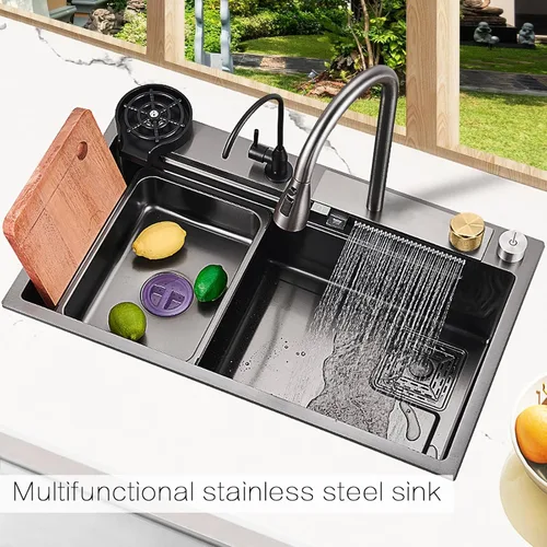Miniatura 2 de Fregadero de cocina tipo cascada, fregadero de barra de acero inoxidable de un solo tazón negro, montaje inferior de la instalación de encimera