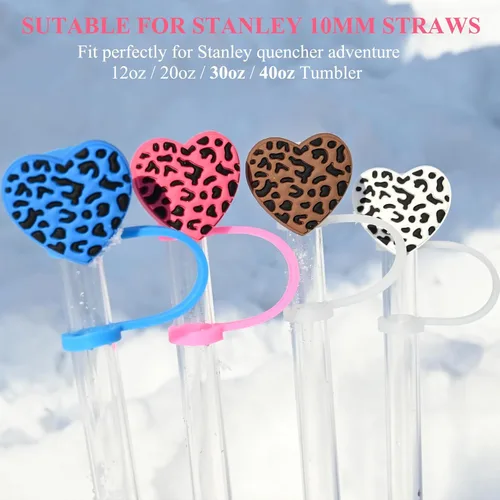 Miniatura 2 de Funda de paja de leopardo de 0.394 pulgadas para vaso Stanley de 40 onzas y 30 onzas, tapa de popote de corazón para copa Stanley, accesorios