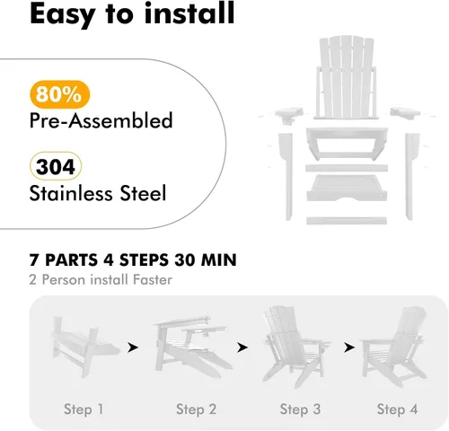Miniatura 5 de LETKIND Folding Adirondack Chair with Retractable Ottoman,All Weather Fire Pit Chairs with Cup Holder,Outdoor Chair with Ottoman,White