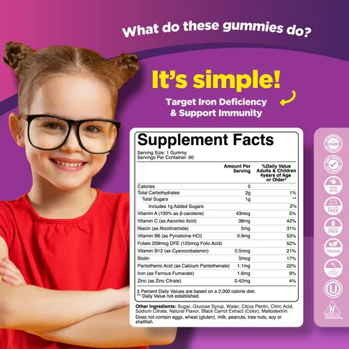 Miniatura 8 de Gomitas de hierro para niños con vitamina C – Suplementos de hierro constructor de sangre para niños con suave para una inmunidad más fuerte y apoyo