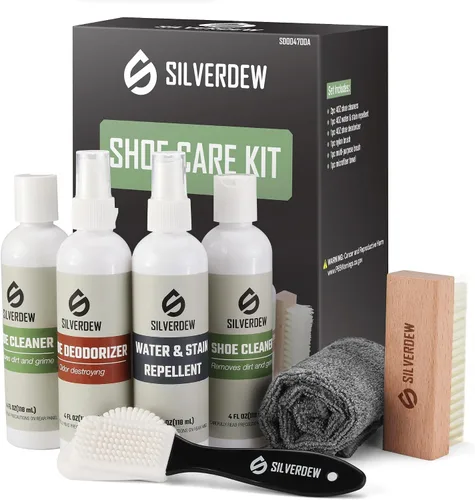Kit de limpieza de zapatos de 7 piezas, 2 botellas de limpiador de zapatos, desodorizante, protector impermeable y manchas, 2 cepillos y toalla de