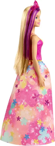 Miniatura 5 de Barbie Dreamtopia Royal Fashion Muñeca y accesorio, rubio con rayas moradas con falda rosa extraíble y diadema