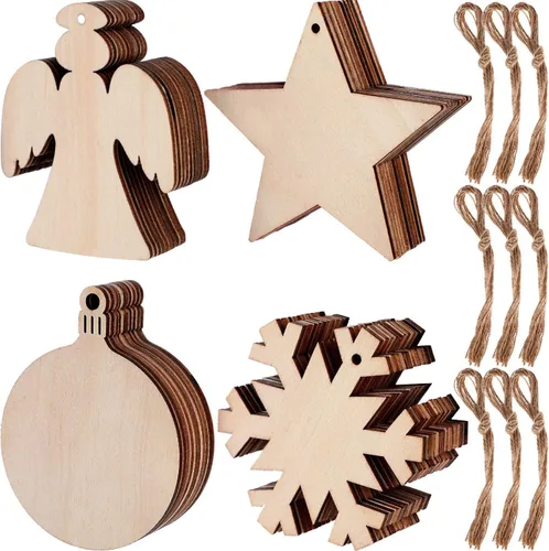 Blulu 60 Pieces Christmas Wooden Ornaments 3.5" Round Wood Slices Snowflake Angel Shape with Cords for DIY Crafts New Year Christmas Tree Pendant