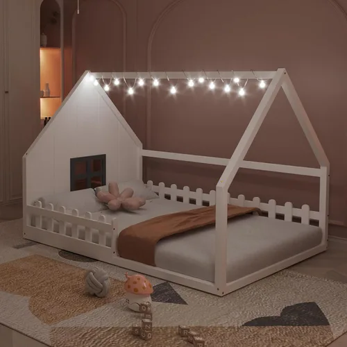 Miniatura 11 de Polibi Cama de casa de tamaño completo, marco de cama de piso de madera con ventana y valla para niños, gris