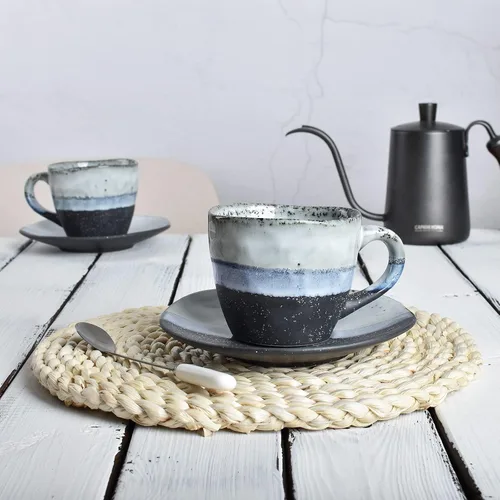 Miniatura 4 de Bosmarlin Juego de 2 tazas de café de gres con platillo para café con leche, capuchino, té, onzas, lavavajillas y microondas (negro, 2)