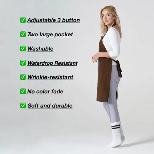 Miniatura 7 de TOSHE Delantal de cocina de algodón resistente a las gotas de agua con delantales ajustables para mujer con bolsillos, 12 opciones de color, Marrón