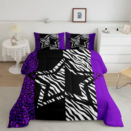 Miniatura 37 de Juego de edredón Manfei Leopardo Rosa Tamaño Individual, Juego de ropa de cama con estampado de cebra negro y blanco 2 piezas para decoración