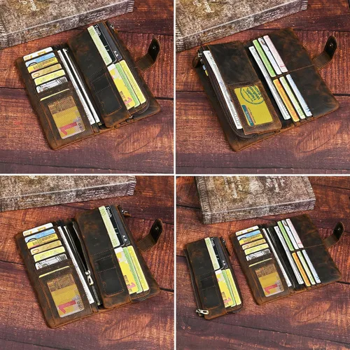 Miniatura 21 de Genuino Caballo Loco Cuero Regalo de Viaje Moneda Bolsillo Tarjetero Organizador Largo Cadena Rfid Cartera Monedero Con Broche Para Hombres Hombres
