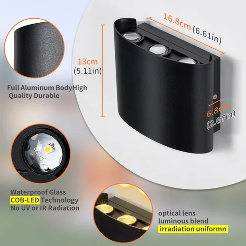 Miniatura 3 de Lámpara de pared moderna de 6 W para porche al aire libre, IP65 impermeable, luz cálida de 3000 K, aplique de pared negro para patios, jardín