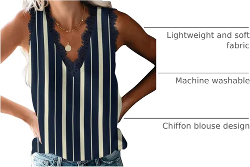 Miniatura 80 de VIISHOW - Camiseta sin mangas, sexy, con cuello en V y bordes de encaje para mujer, camisola de vestir, camisas de gasa, sin mangas, casuales