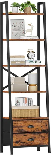 Miniatura 9 de Furologee Estantería de escalera de 5 niveles con 2 cajones, estantes de almacenamiento estrechos para libros, estantería industrial independiente