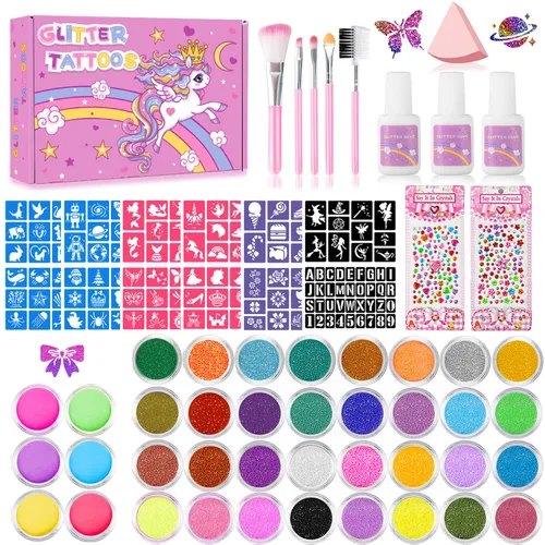 Miniatura 9 de Kit de tatuajes temporales con purpurina para niños, 32 colores, 165 plantillas, 3 pegamento, 5 pinceles, 1 soplo de polvo, kit de maquillaje