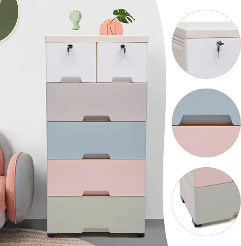 Miniatura 4 de Cómoda de plástico con 6 cajones, armario de almacenamiento multifuncional con cerradura, organizador de llaves de ropa para dormitorio, sala