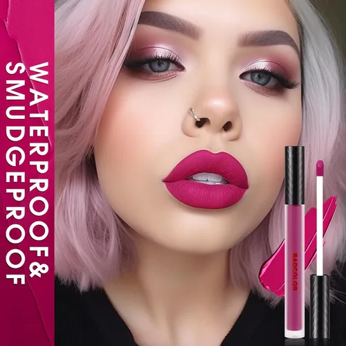 Miniatura 4 de Juego de lápiz labial líquido mate BADCOLOR de 3 colores, maquillaje de Halloween en púrpura, burdeos y rosa roja, juego de brillo labial de alta