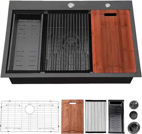 Miniatura 12 de Fregadero de Barra Negro Empotrable de 15x15 Pulgadas - Fregadero de Cocina Cuadrado Pequeño de Acero Inoxidable de Montaje Superior para Estación