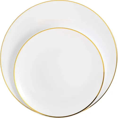 Miniatura 2 de Trendables Juego de 120 platos y cubiertos desechables con borde blanco y dorado de alta calidad, incluye tenedores, cuchillos, cucharas y cucharas