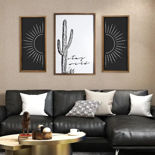 Miniatura 4 de flangairy - Arte de pared de cactus de 23.6 x 15.7 pulgadas, decoración de pared de baño occidental de madera, arte bohemio del suroeste