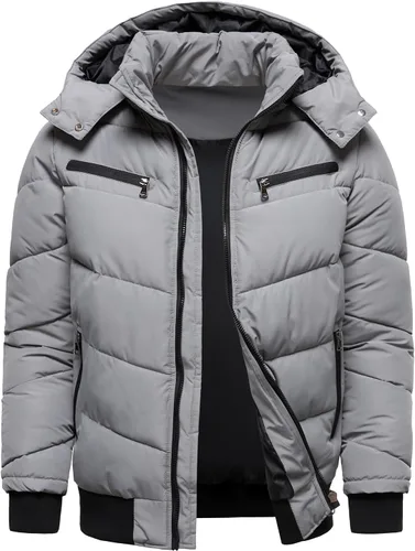 Miniatura 2 de HOOD CREW Abrigos de invierno para hombre, parka acolchada y a prueba de viento, chaquetas de plumón cálidas con capucha extraíble Gris