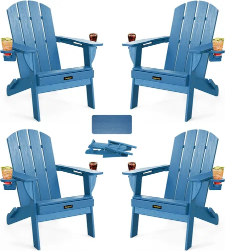 Miniatura 31 de Silla Adirondack Plegable, Sillas Adirondack de Plástico con Textura de Madera con 2 Portavasos, Silla para Hoguera de HDPE Resistente a