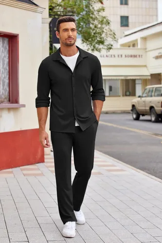Miniatura 2 de COOFANDY Conjunto de 2 piezas para hombre, camisa de manga larga con botones, sin arrugas, camisas elásticas