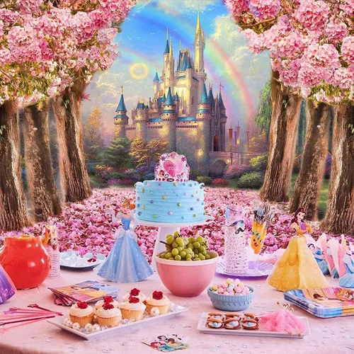 Miniatura 2 de Telón de fondo de castillo de ensueño de 8 x 6 pies, color rosa, dulce Sakura, árbol, lavable, poliéster, fotografía, fondo, boda, fiesta