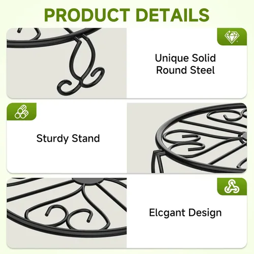 Miniatura 4 de Paquete de 3 soportes para plantas de hierro forjado para uso en exteriores e interiores, soporte de metal resistente a la corrosión, base negra