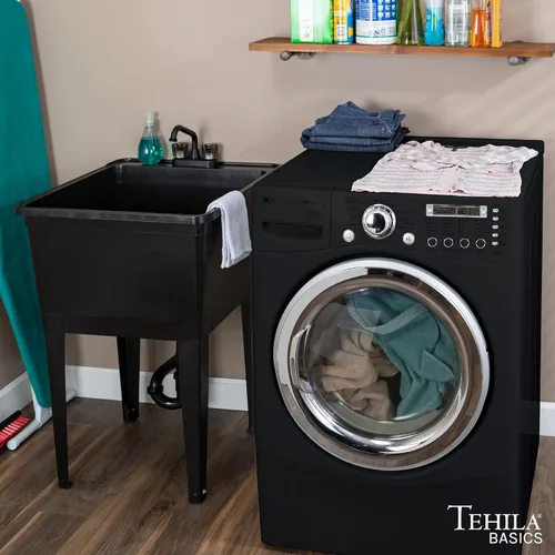 Miniatura 3 de Tehila Basics de JS Jackson Supplies - Fregadero utilitario independiente negro de 21 galones con grifo de 2 manijas negro, bañera de lavandería