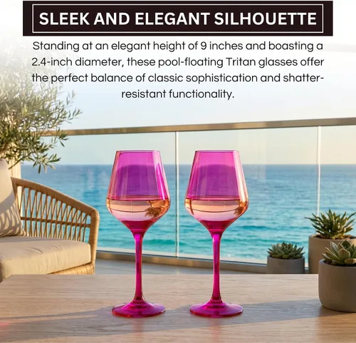 Miniatura 3 de Copas de vino de color rosa intenso irrompibles, flotantes para piscina, juego de 2 unidades, vasos Tritan, color magenta irrompible y rosa rubor