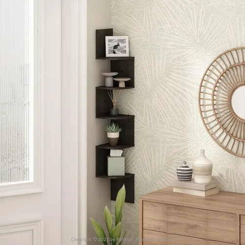 Miniatura 9 de Furinno Rossi - Estantes flotantes de esquina para pared, estante de pared cuadrado de esquina de 5 niveles, estante flotante radial en forma de S