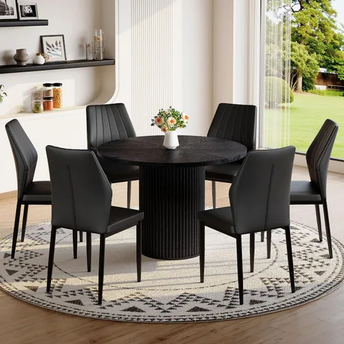 Miniatura 18 de Mesa de comedor redonda para 4-6, mesa de comedor negra con tablero de madera de 42'' y base de pedestal cilíndrico, mesa de cena redonda
