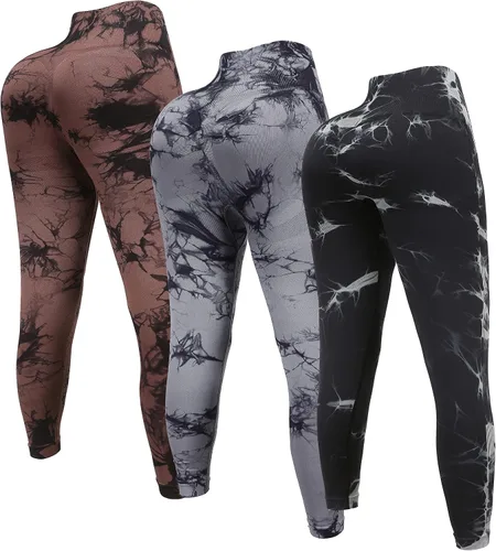 Miniatura 2 de OVESPORT Paquete de 3 leggings de entrenamiento de cintura alta sin costuras con teñido anudado para mujer, pantalones deportivos para yoga