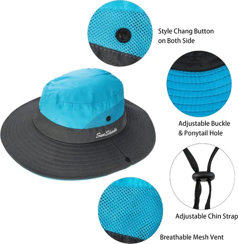 Miniatura 33 de Sombrero de sol de verano para mujer, cola de caballo – Protección UV de malla de ala ancha plegable con agujero para cola de caballo