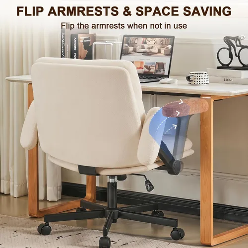 Miniatura 3 de Furniliving Criss Cross Office Chair with Adjustable Flip-up Arms, Premium Chenille Upholstered Cross Legged Chair, Ergonomic Swivel Desk Vanity