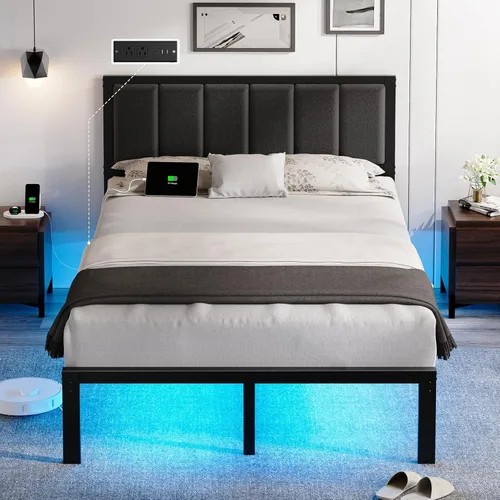 OLEVS Marco de cama matrimonial con cabecero, plataforma de metal, tamaño completo con estación de carga USB y luces LED, no necesita somier