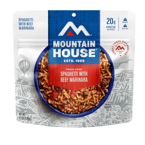 Mountain House Espaguetis con marinara de ternera | Alimentos liofilizados para mochileros y campamentos | 2 porciones