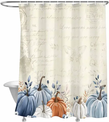Miniatura 11 de Cortina de ducha de calabaza azul para baño, calabazas blancas, hojas verdes, cortinas de baño con ganchos, tela de poliéster impermeable, cortinas