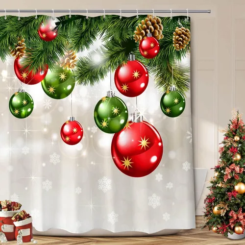 Miniatura 7 de BROSHAN Cortina de ducha de baño de Navidad, juego de cortinas de ducha de Navidad de tela con patrón de adornos verdes y rojos, decoración de baño