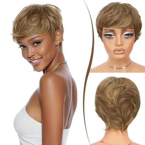 Miniatura 8 de RUWISS Peluca de cabello humano con corte Pixie, peluca de cabello humano con flequillo, peluca negra corta natural en capas, ondulada, diferentes