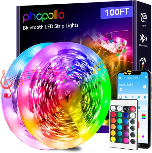 phopollo Tira de luces LED Bluetooth de 100 pies (2 rollos de 50 pies), luces LED RGB que cambian de color para dormitorio, decoración de cocina,