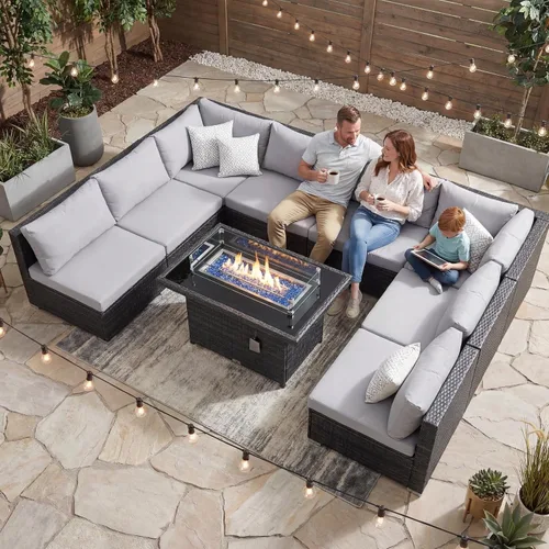 Miniatura 121 de NICESOUL Juego de muebles de patio para exteriores de 7 piezas con mesa para hoguera, gas natural y propano convertible, respaldo alto de 29.3