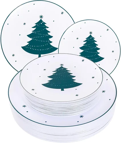Miniatura 10 de WDF 50 platos de plástico plateados, platos de plástico de Navidad con árbol de Navidad, platos desechables blancos y plateados resistentes