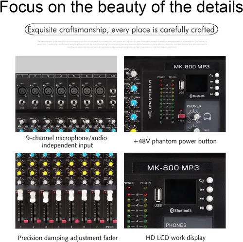 Miniatura 5 de G-MARK MK800MP3 Mezclador de audio profesional Placa de sonido 8 canales Consola de mezcla con reproductor de MP3+48V Phantom Power Digital USB