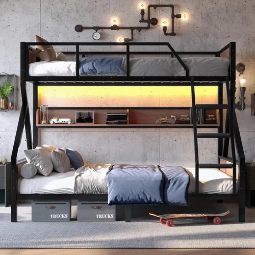 Miniatura 4 de Bellemave Litera Twin XL sobre Queen con estantes de almacenamiento y luces LED, literas de metal con escaleras, marco de litera resistente