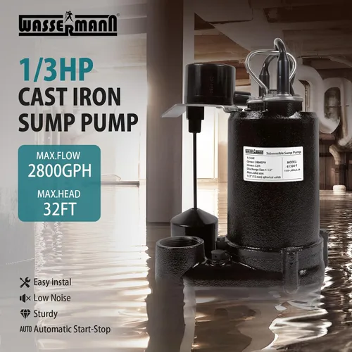 Miniatura 2 de WASSERMANN 1/3HP 2800GPH Bomba de sumidero sumergible de hierro fundido con interruptor de flotador vertical automático, Bomba de sumidero