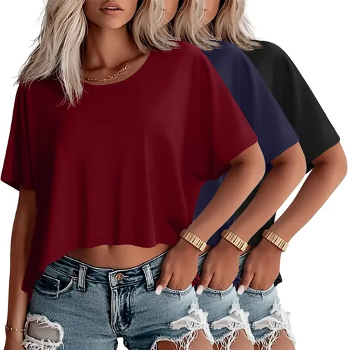Miniatura 6 de Huukeay Paquete de 3 camisetas recortadas de gran tamaño para mujer, manga corta, holgadas, cuello redondo, holgadas, para entrenamiento
