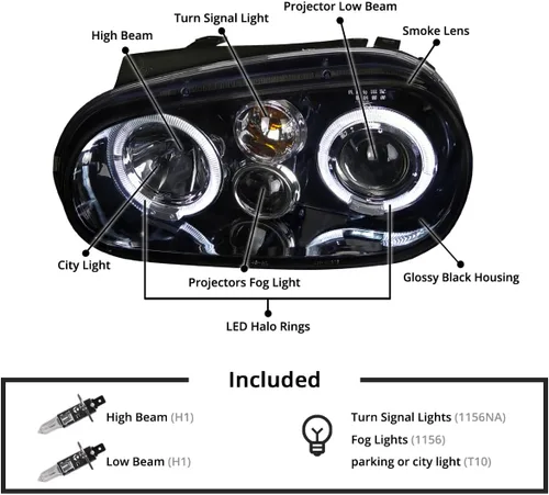 Miniatura 4 de SPEC-D TUNING Faros delanteros con halo doble negro ahumado Compatible con 1999-2006 Volkswagen Golf, Golf GTI VW MK4 Ensamble de faros delanteros