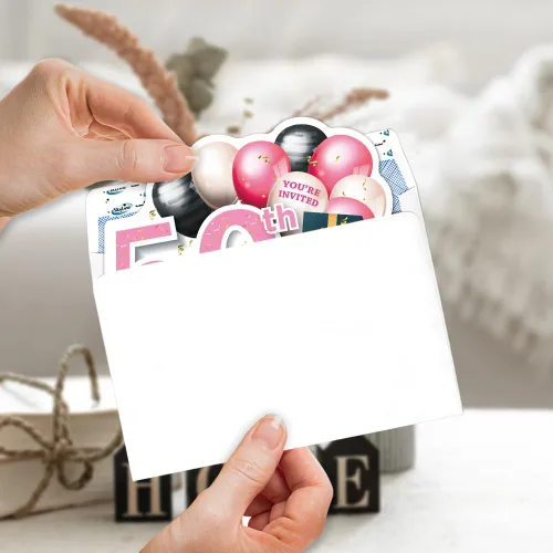 Miniatura 4 de ERHACHAIJIA 20 globos dorados rosados y negros y tarjetas de invitaciones en forma de pastel con sobres, divertidas fiestas de cumpleaños 50