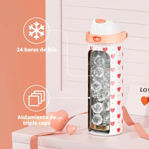 Miniatura 3 de Botella de agua de 24 onzas para el día de San Valentín: Botella de agua de acero inoxidable Meoky con popote y tapa de boquilla, a prueba de fugas